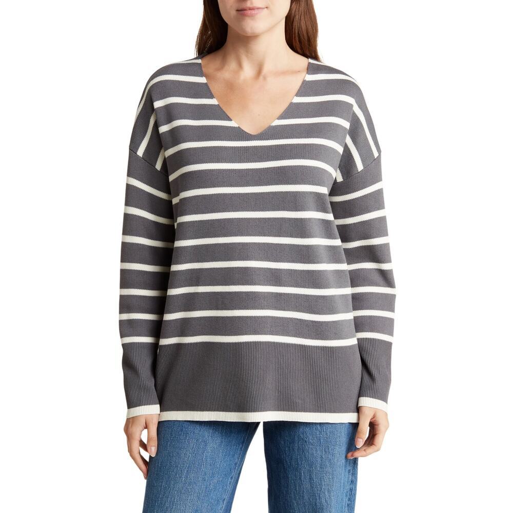 Vigoss Striped V-Neck Sweater in Grey Size L